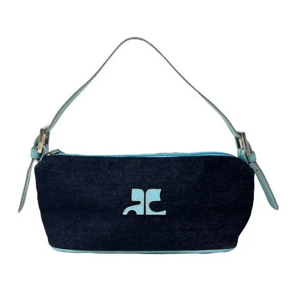 Courreges Vintage Logo Shoulder Bag Denim Blue Silver Cotton Rank AB [103972]
